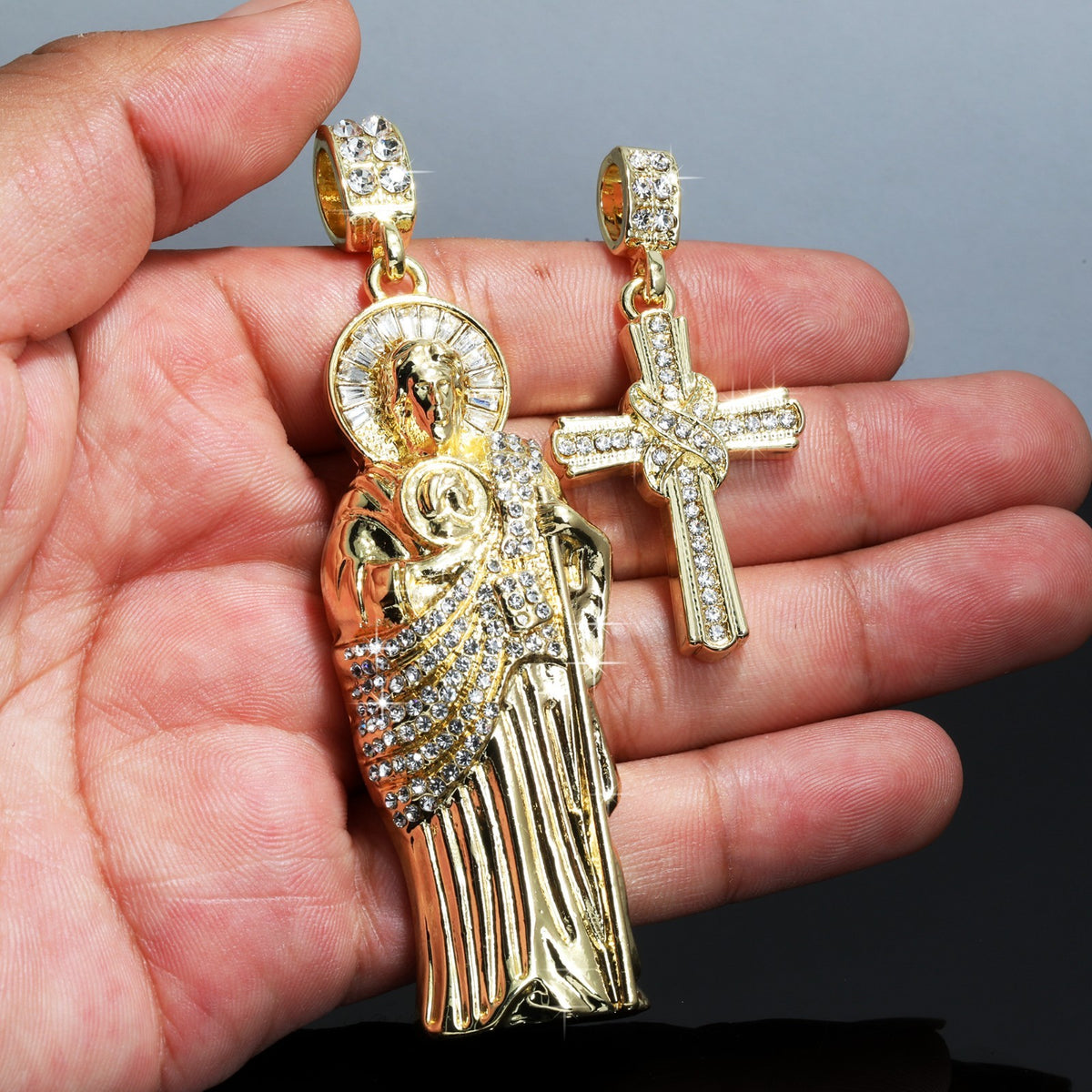 San Judas & X Cross Iced CZ 14k Gold 4mm Rope Chain