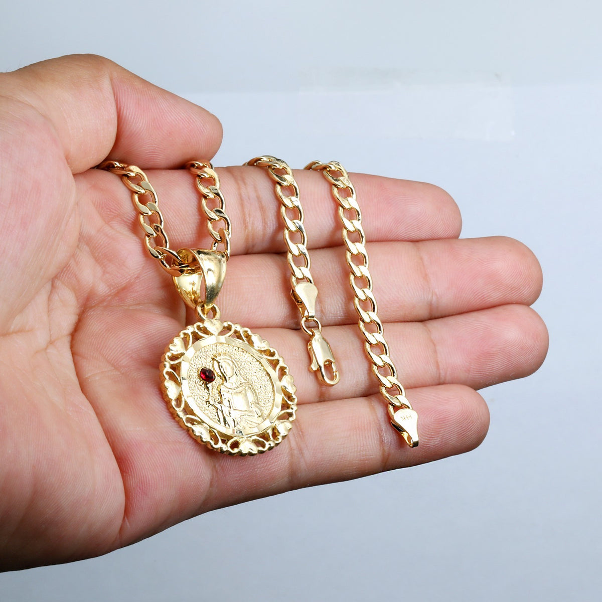 Saint Barbara Medallion 14k Gold Charm Pendant 20" Cuban Choker Chain 212