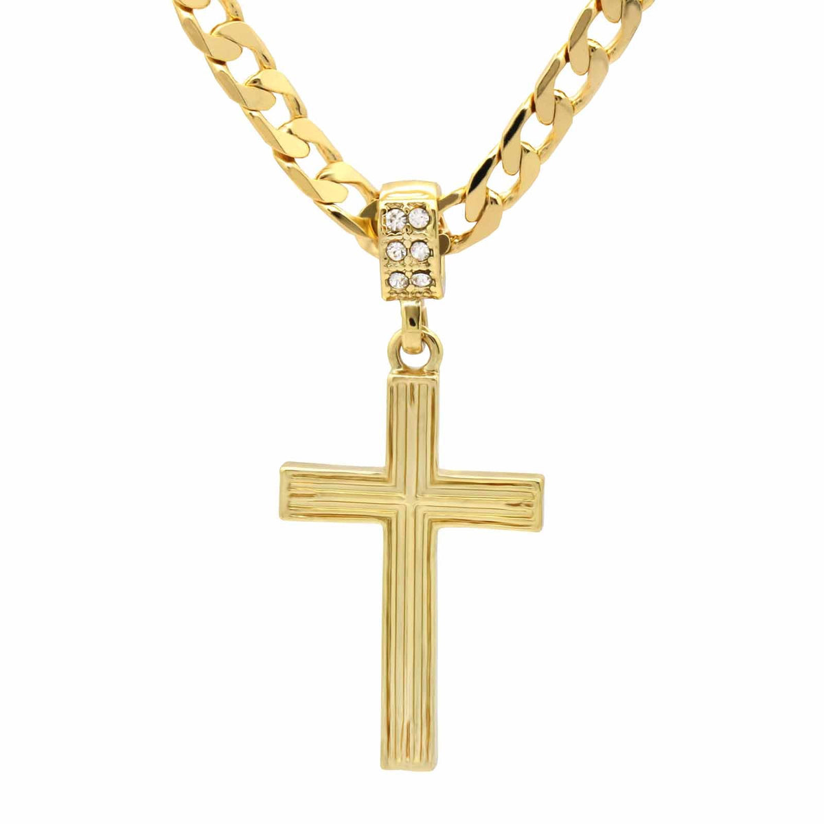 Men's 14k Gold Flat Miami Cuban Chain Necklaces On Two Cross Pendant