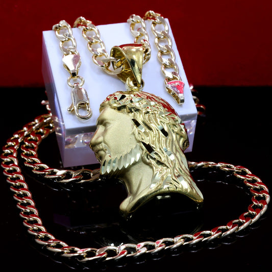 Curly Jesus Face 14k Gold Charm Pendant 20" Cuban Link Choker Chain 212
