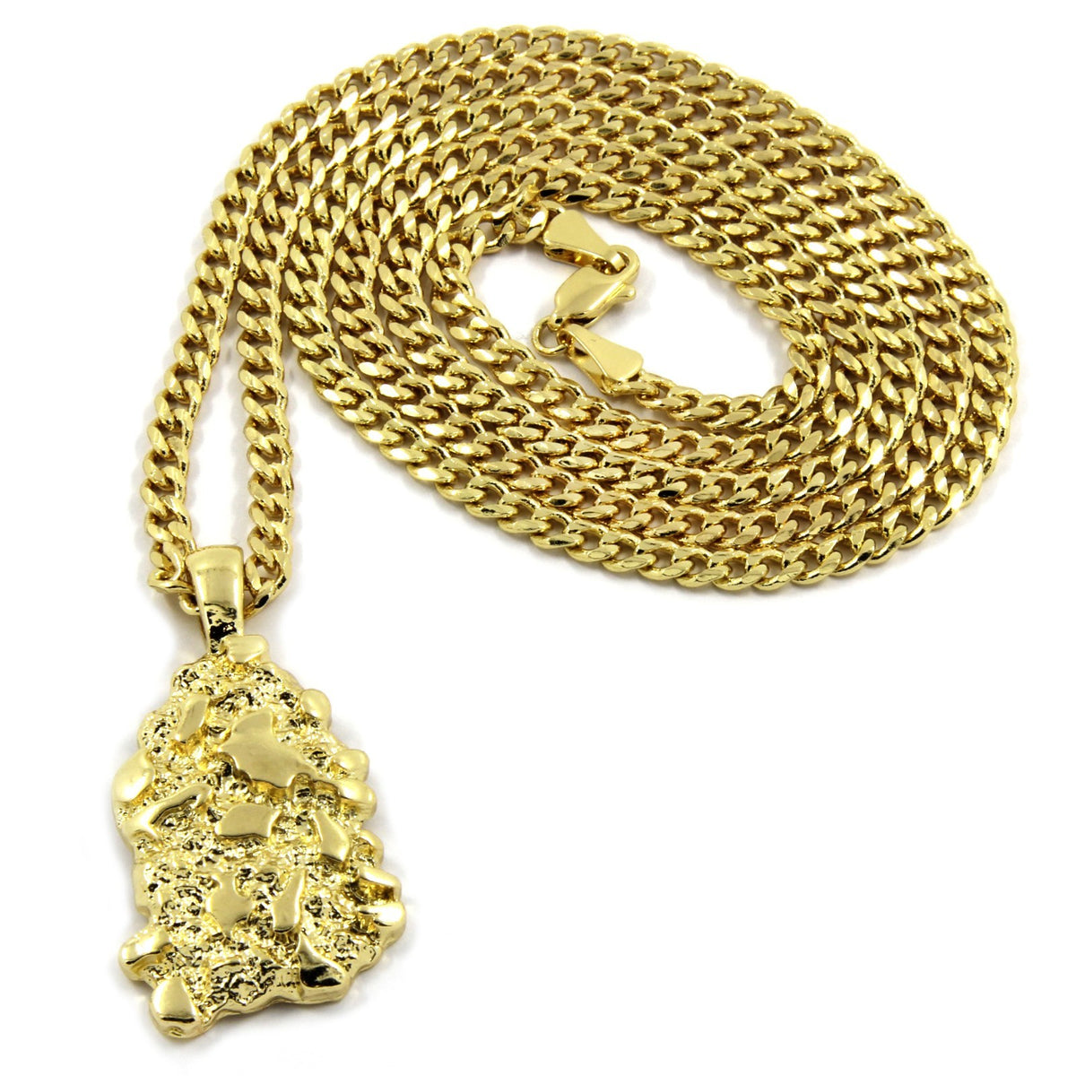 Men's 14k Gold Nugget Pendant 3mm/30" Cuban Chain