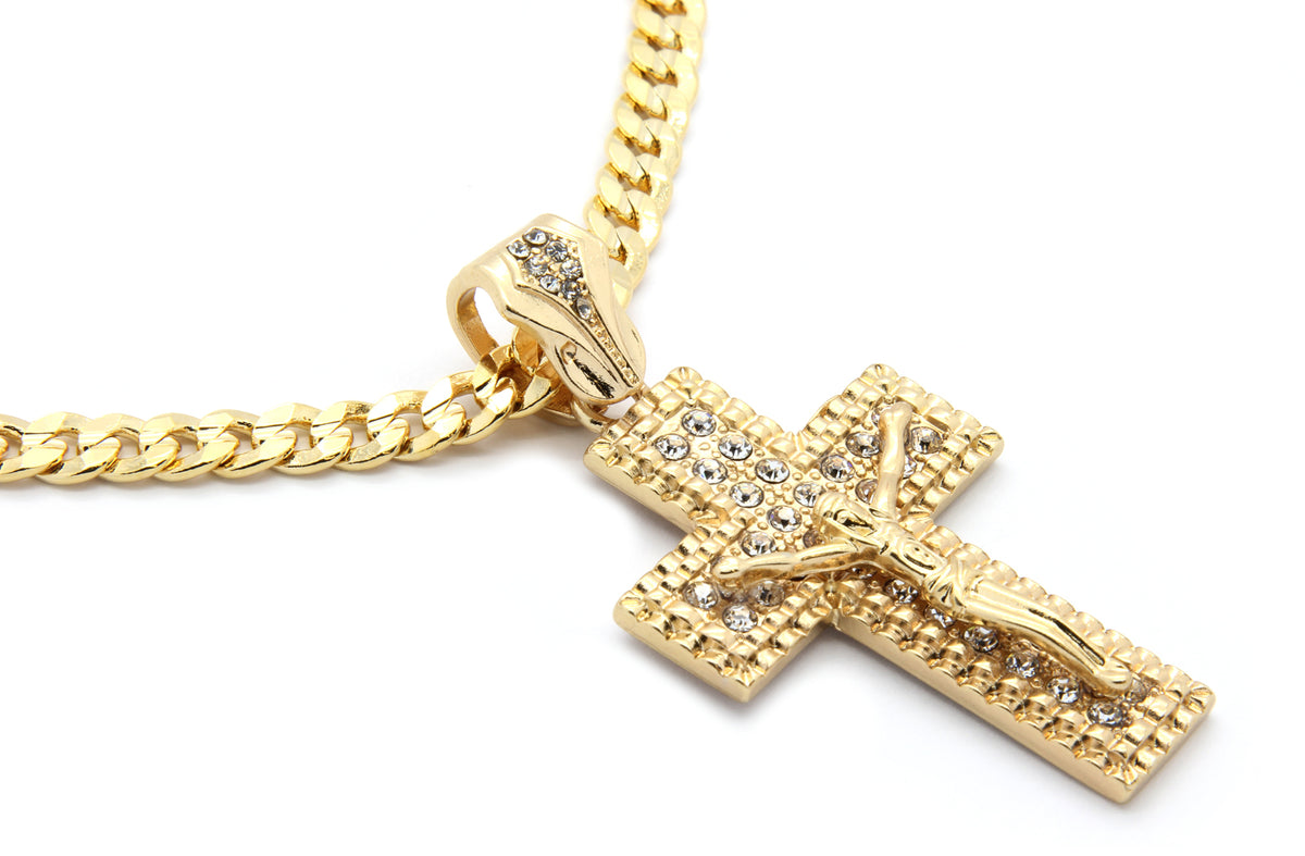 14k Gold Jesus Cross Pendant CZ 24" Cuban Chain