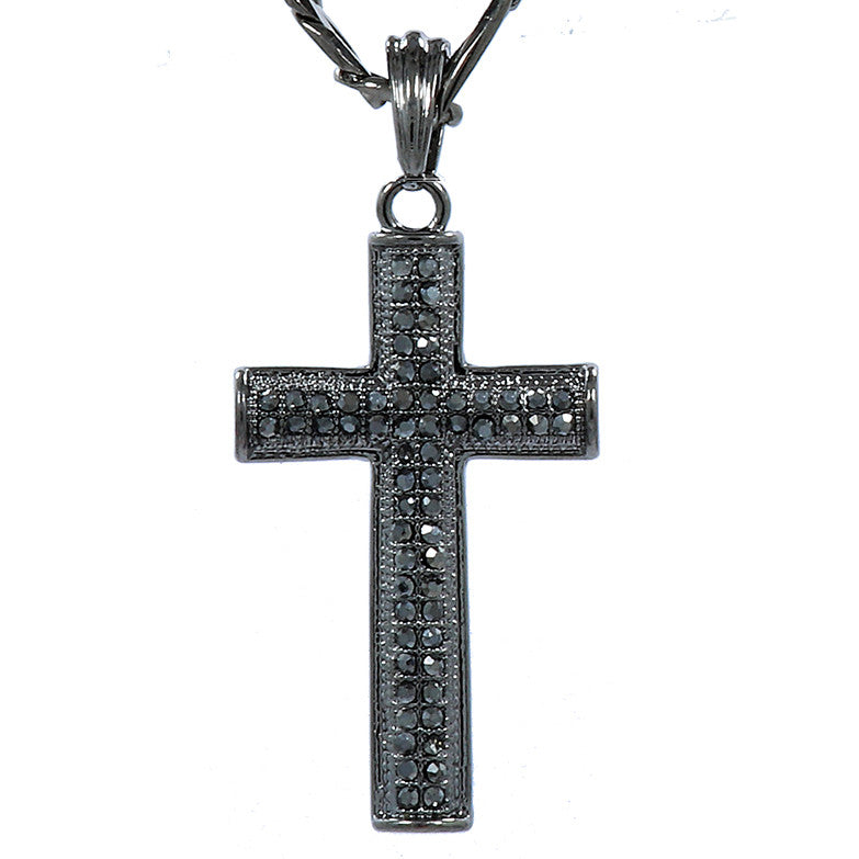 Men's Cross Pendant Hematite CZ 24" Gun Metal Figaro Chain