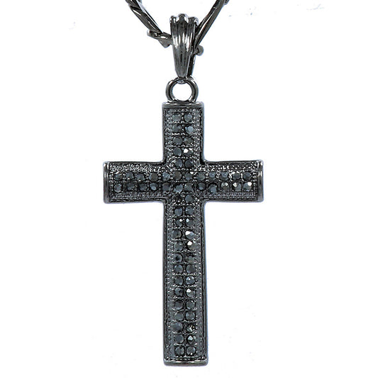 Men's Cross Pendant Hematite CZ 24" Gun Metal Figaro Chain
