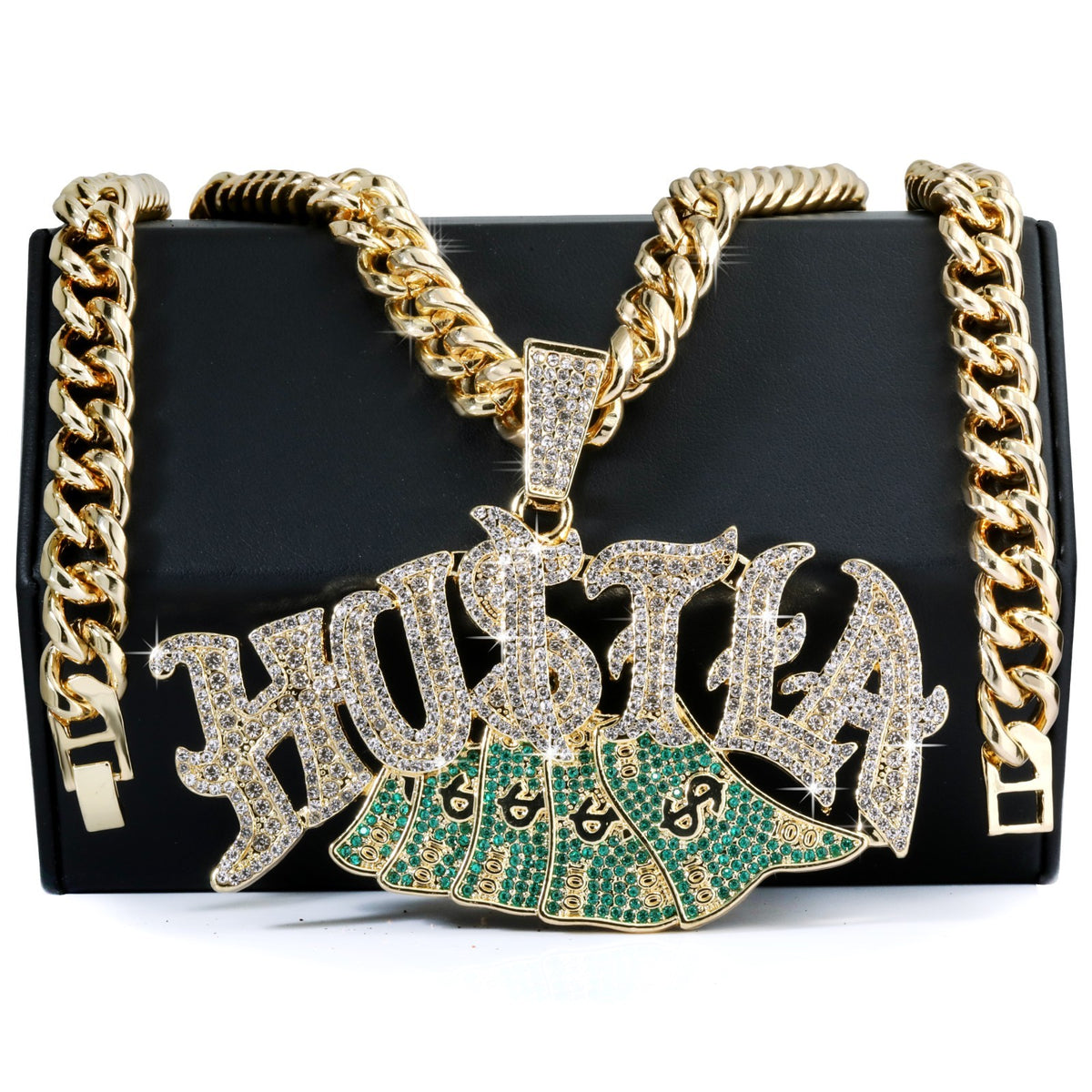 Miami Cuban Curb Chain Necklace 10mm 30In & Hustle Cash Money Sign Gold
