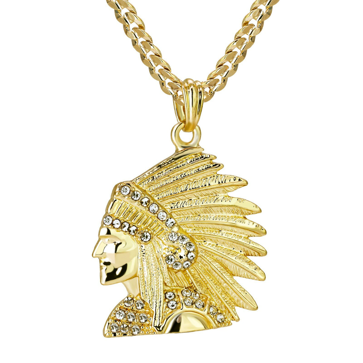 Indian Head CZ 14k Gold Pendant 24" Cuban Link Chain