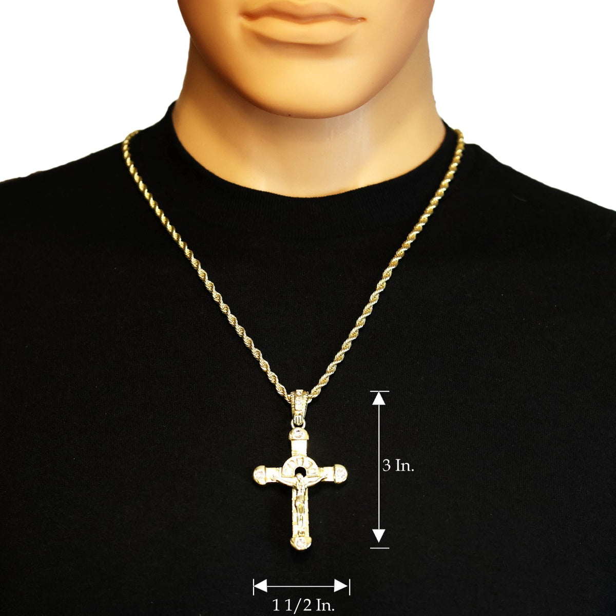 Halo Cross Iced Jesus Pendant CZ 14k Gold Rope Chain for Men