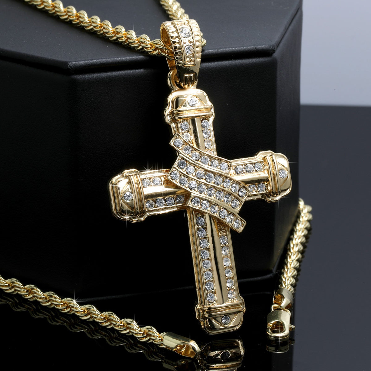 Iced Cross Pendant Banner CZ 14k Gold Rope Chain for Men's