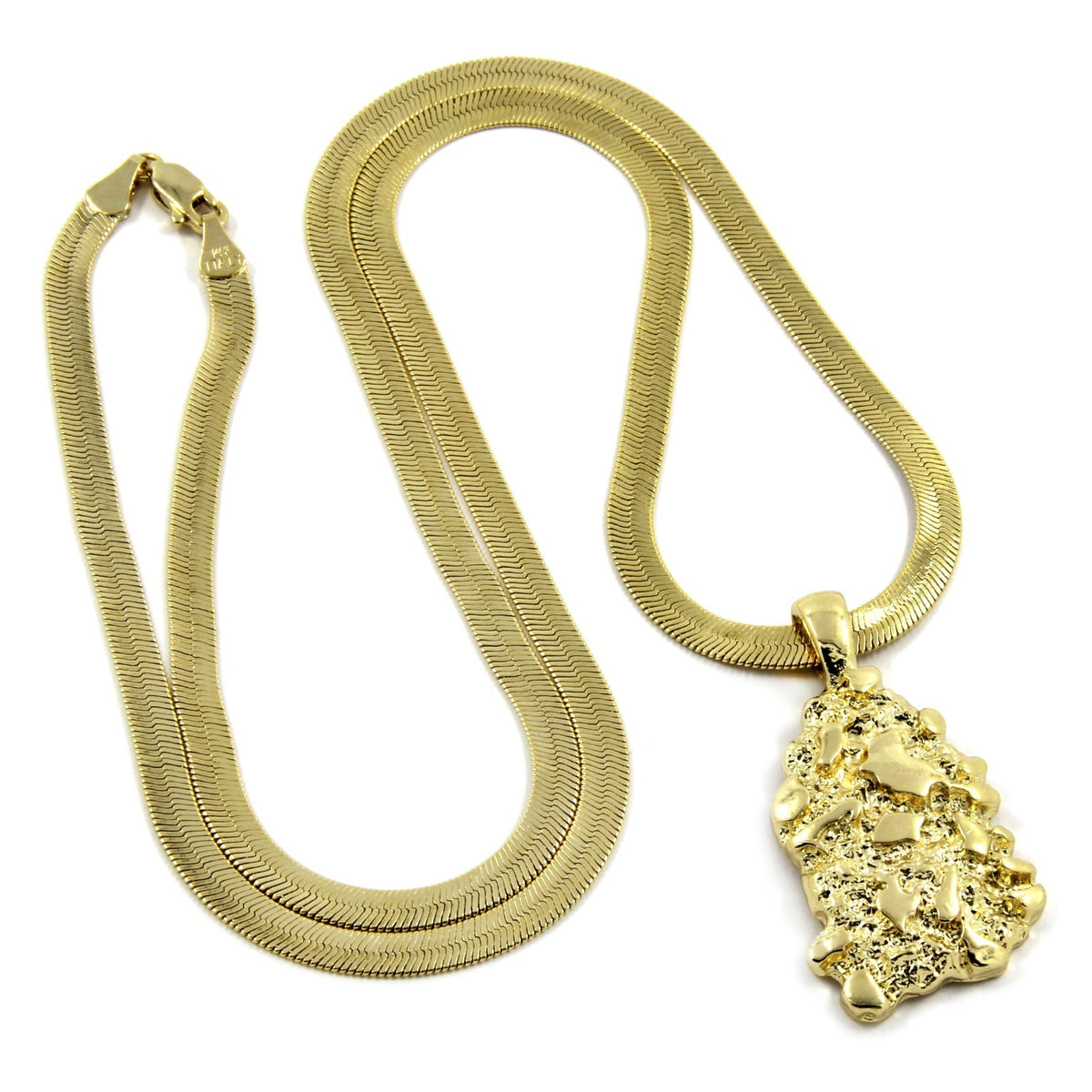 14k Gold Nugget Pendant 4mm/24" Herringbone Chain
