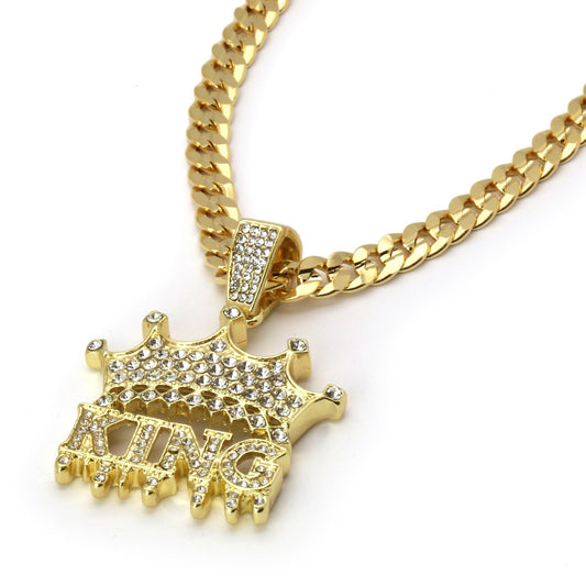 Men's 14k Gold King Pendant CZ Cuban Chain 24" 30"