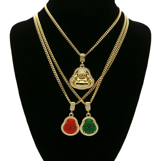 14k Gold G, R Buddha 3 Pendant CZ 30 30 24 Cuban Chain