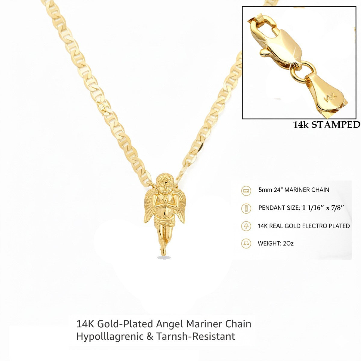 Gold Tone CZ Prayer Angel Pendant Necklace – 14k Gold Mariner Chain