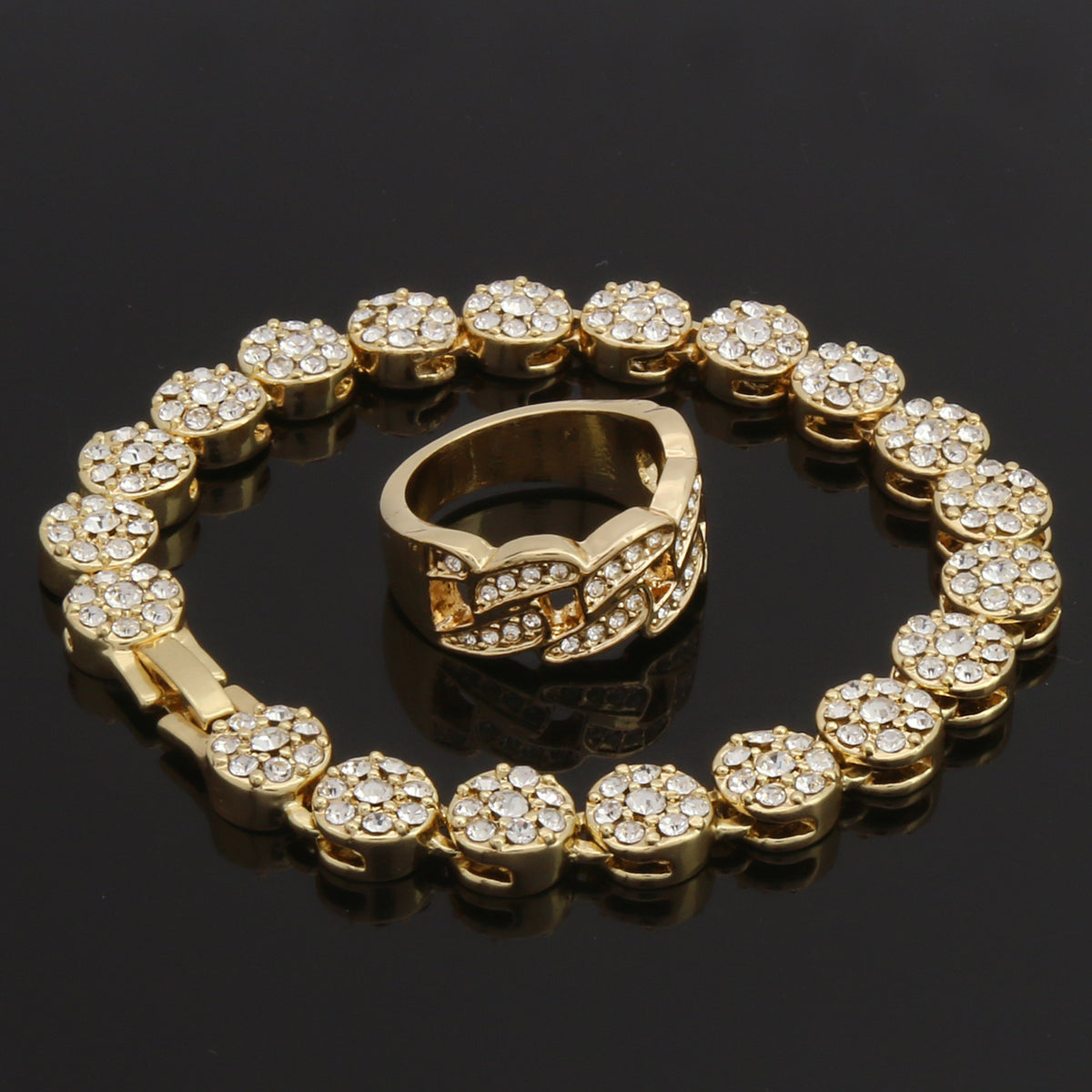 2pc Flower Bracelet Ring Set Miami CZ Cuban Link 14k Gold