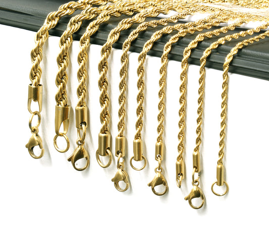 24k Gold Steel Men Lady French Rope Chain Necklace 2-5mm 20-30"