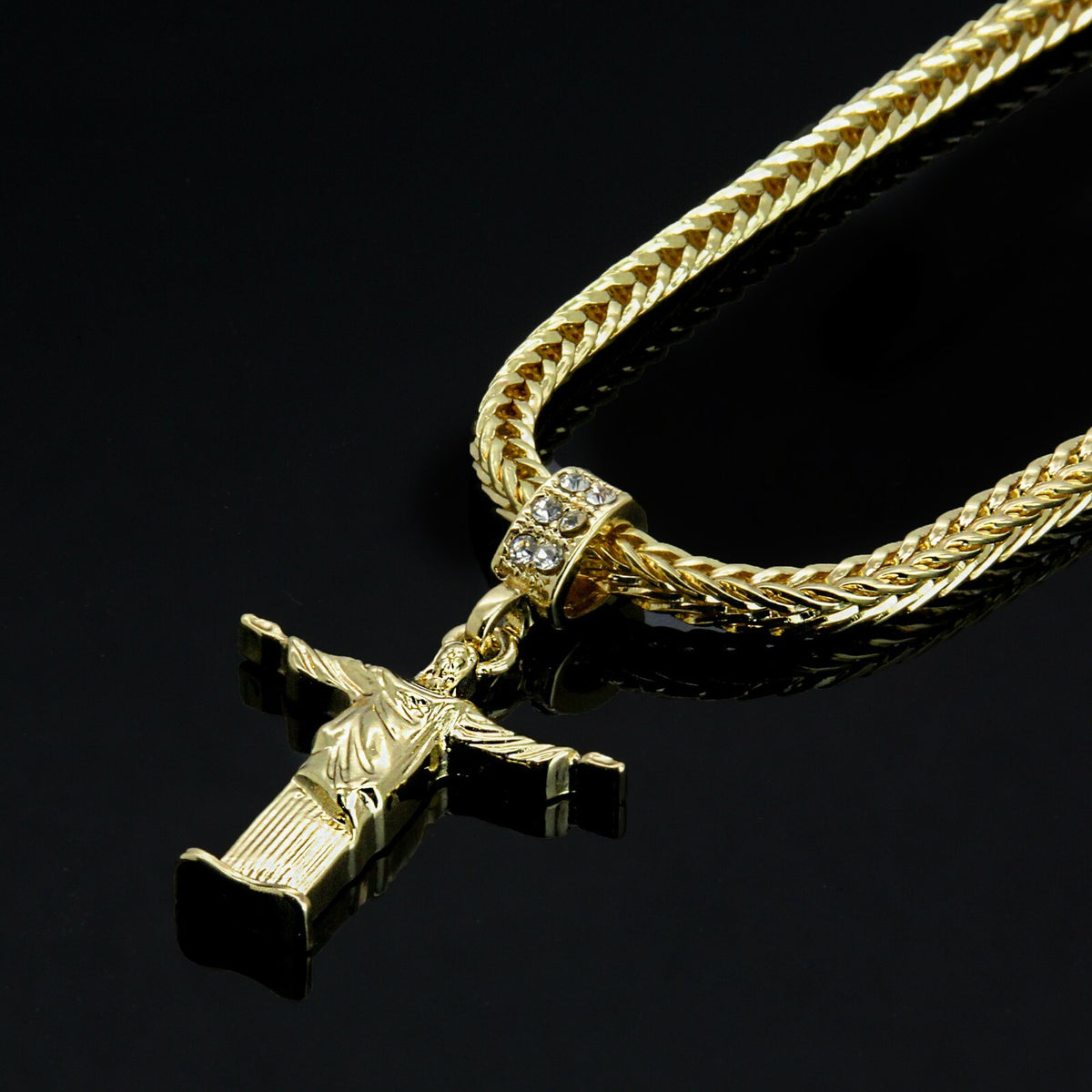 14k Gold Redeemer Jesus Pendant CZ 24" Franco Chain