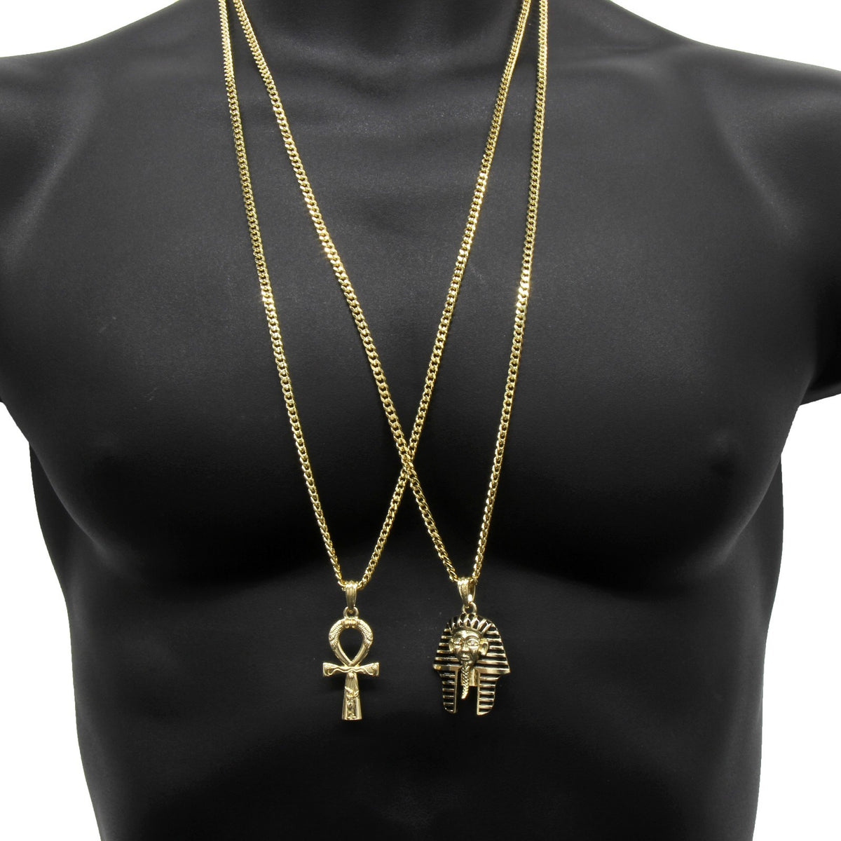 14k Gold High Pharaoh/ankh Bundle 30" Cuban Chain