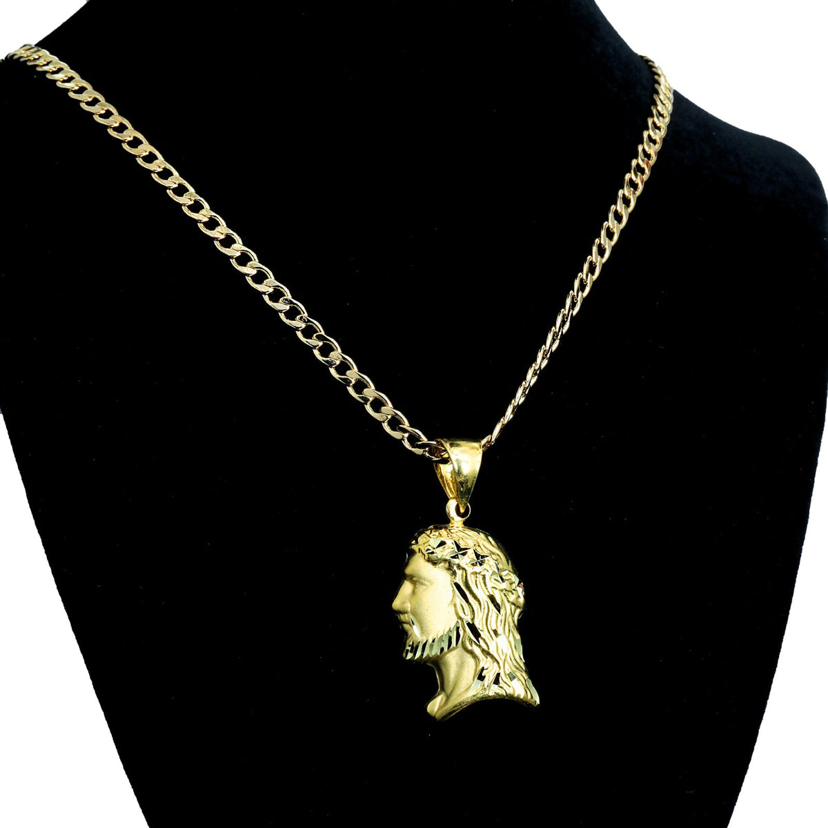 Curly Jesus Face 14k Gold Charm Pendant 20" Cuban Link Choker Chain 212