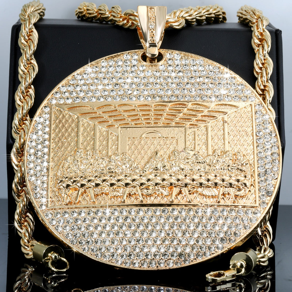 Xxl Last Supper Pendant & 9mm 30"- 36" Rope Chain Necklace Gold