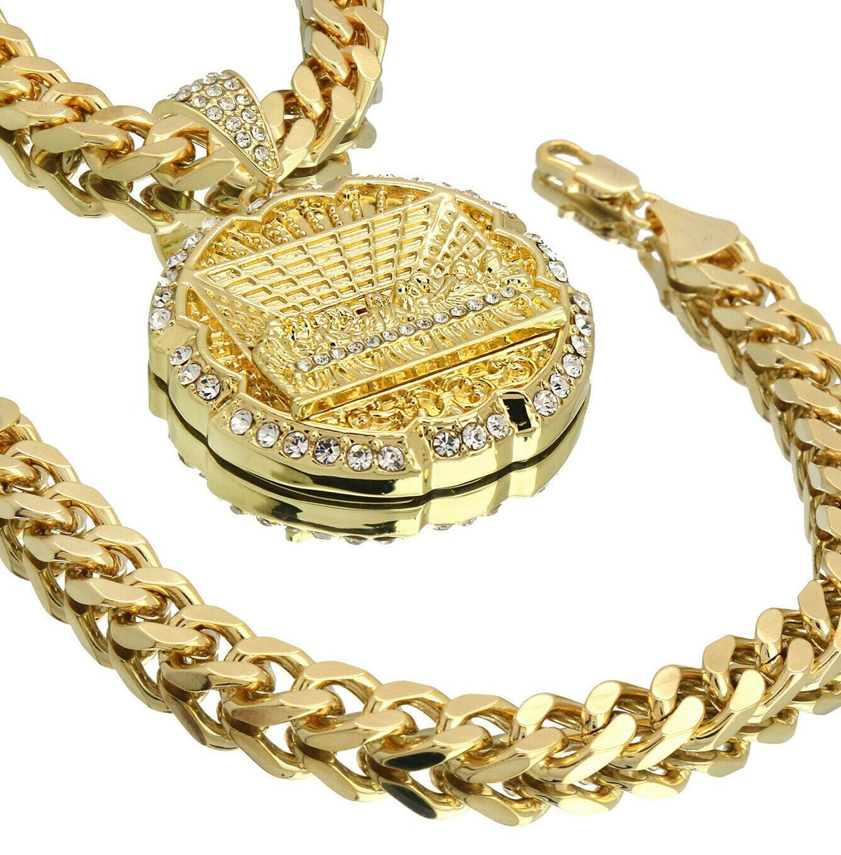 14k Gold Xl Last Supper CZ Pendant 24" Cuban Chain Bracelet
