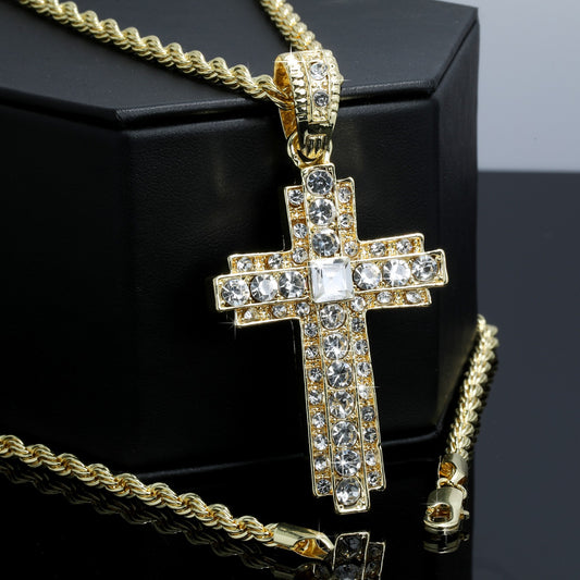 Iced Cross Macedonia Pendant CZ 14k Gold Rope Chain for Men's