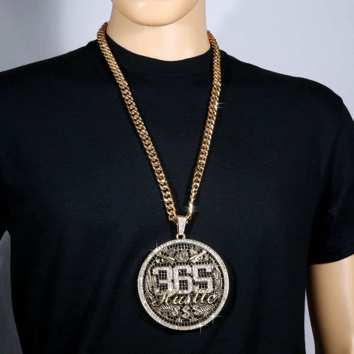 Miami Cuban Curb Chain Necklace 10mm 30In & 365 Hustle Money Sign Gold