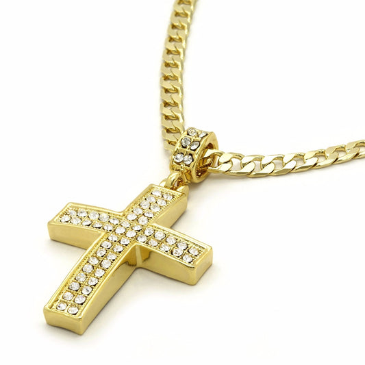 Men's 14k Gold Fully CZ Cross Pendant 24" Cuban Chain