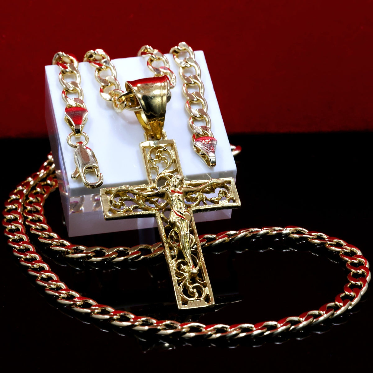 Charm Jesus Cross Hollow Pendant 14k Gold 20" Cuban Link Choker Chain 212