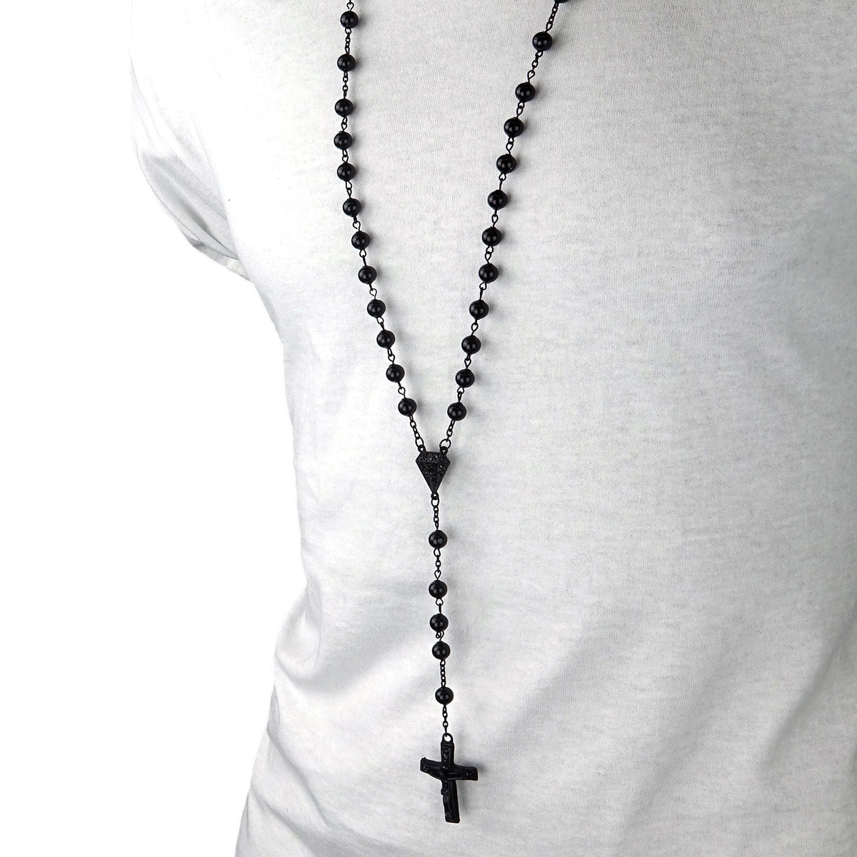 Men's 8mm Black Beads D-shape Rosary & Jesus Cross Necklace