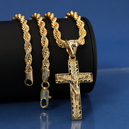 Jesus Cross Pendant Crucifix Nugget 14k Gold 20" Rope Choker Chain