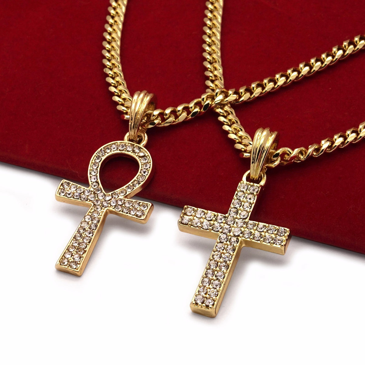 14k Gold Cross & Ankh Pendant CZ 30" & 24" Cuban Chain