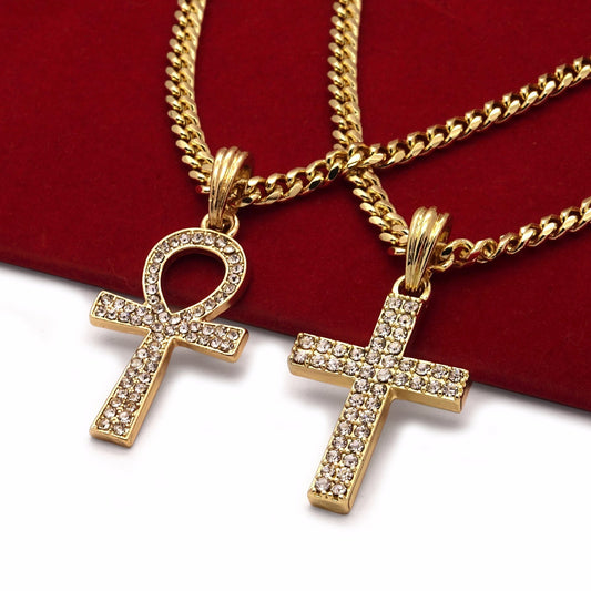 14k Gold Cross & Ankh Pendant CZ 30" & 24" Cuban Chain