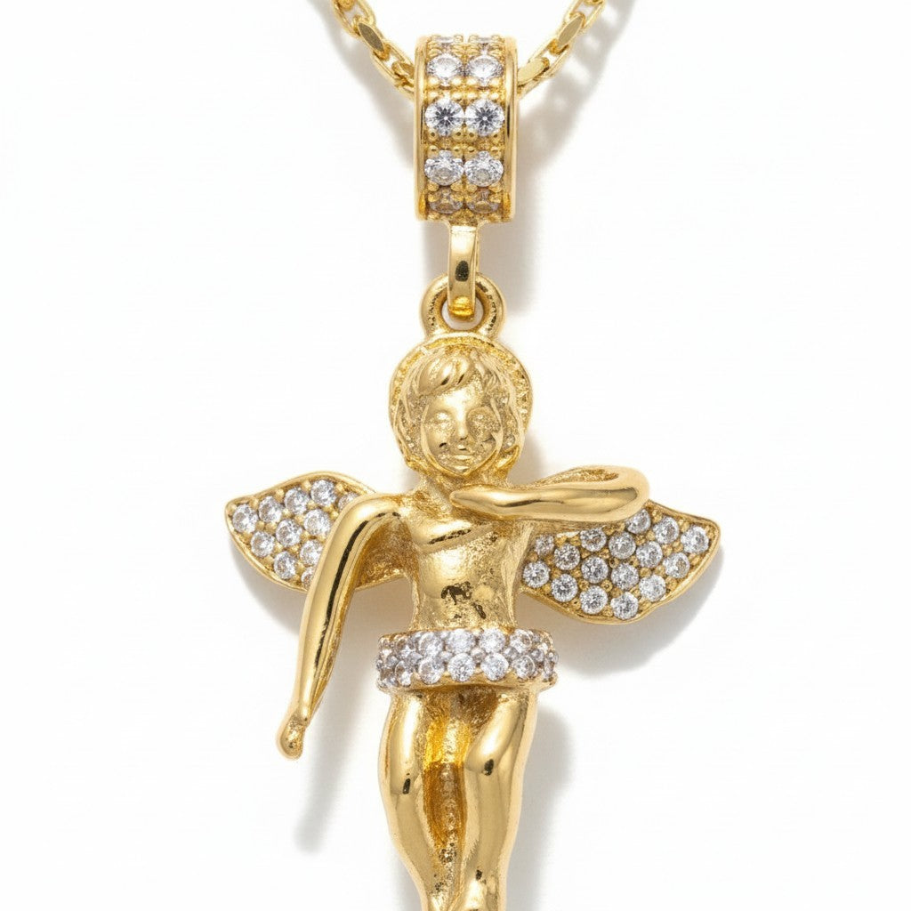 Gold Tone CZ Dancing Angel Pendant Necklace – 14k Gold Mariner Chain
