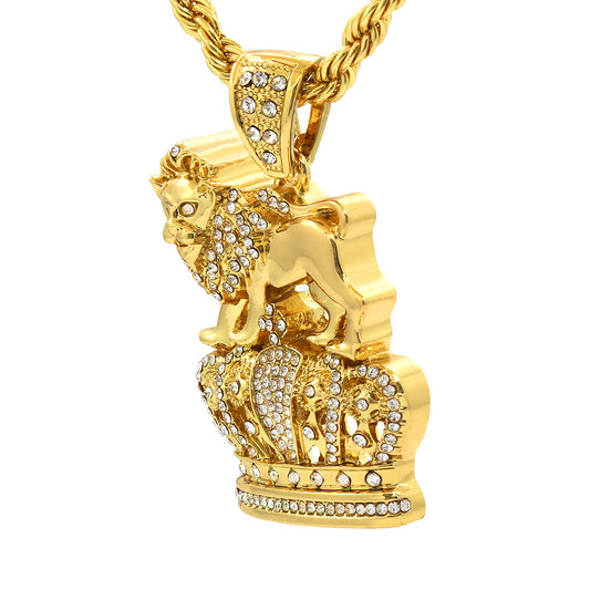 14k Gold Royal Lion Crown CZ Pendant 4mm 30" Rope Chain