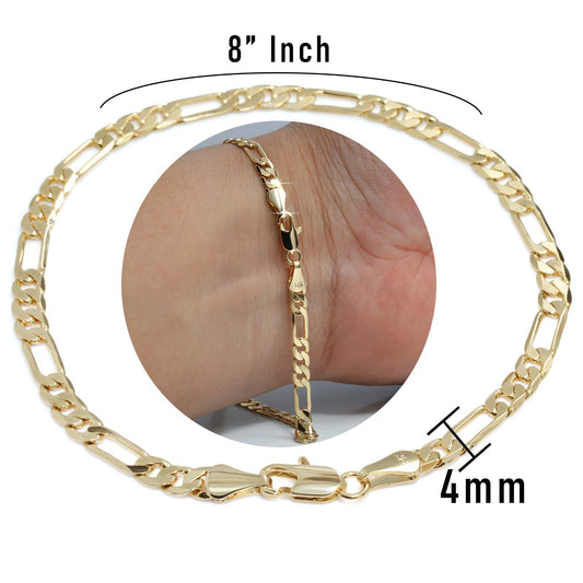 Figaro Bracelet Chain 14k Gold 4mm - 8"Inch Men's