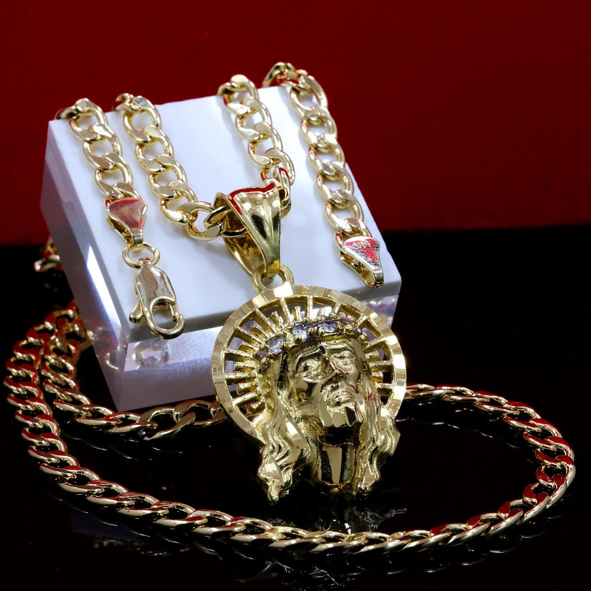 Risen Jesus Face Halo 14k Gold Charm Pendant 20" Cuban Choker Chain 212