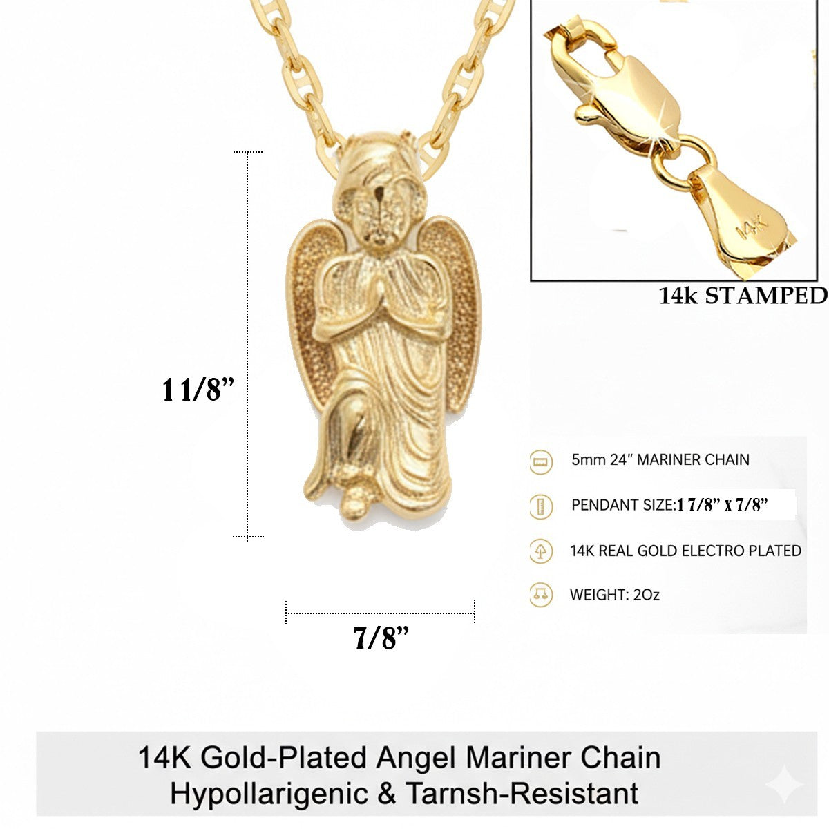 14k Gold Prayer Angel Wing Stardust Pendant Gold Tone Mariner Chain