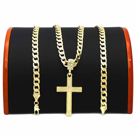 Men's 14k Gold Flat Miami Cuban Chain Necklaces On Two Cross Pendant