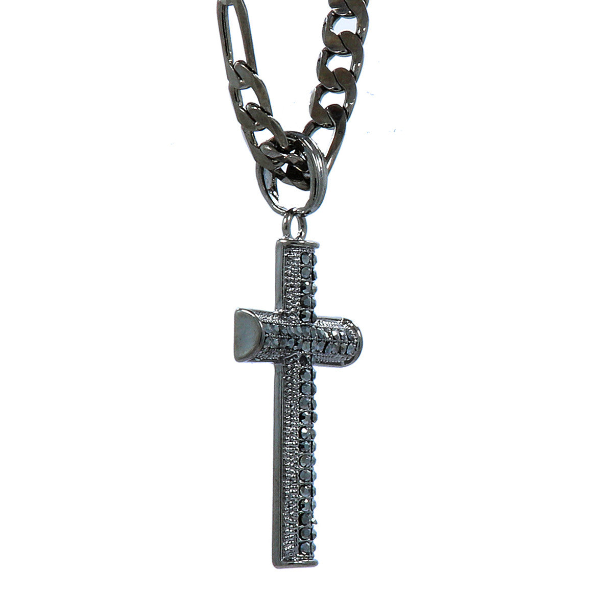 Men's Cross Pendant Hematite CZ 24" Gun Metal Figaro Chain