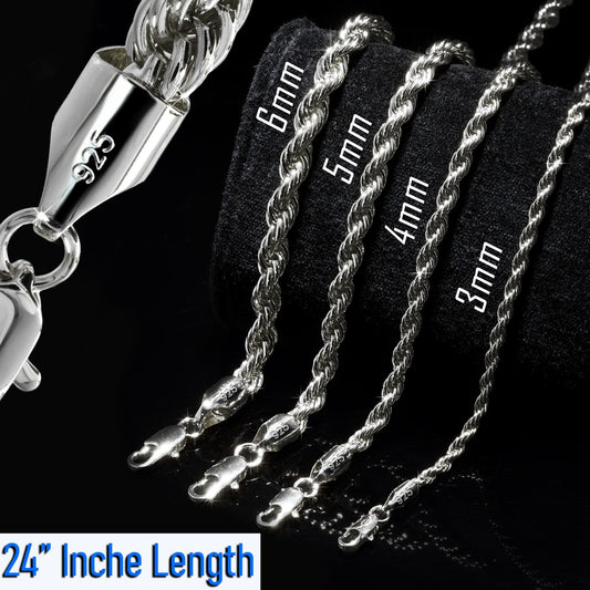 Rope Chain 925 Silver 24" Necklace 3mm, 4mm, 5mm, 6mm Men & Women Jewelry