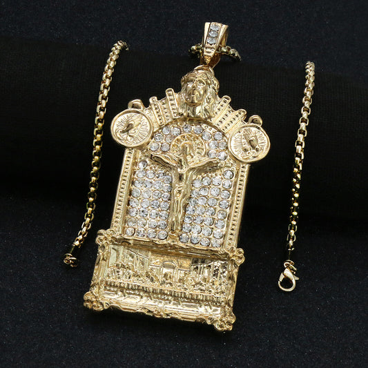 14k Gold Last Supper Jesus Temple Pendant CZ 24" Box Chainn