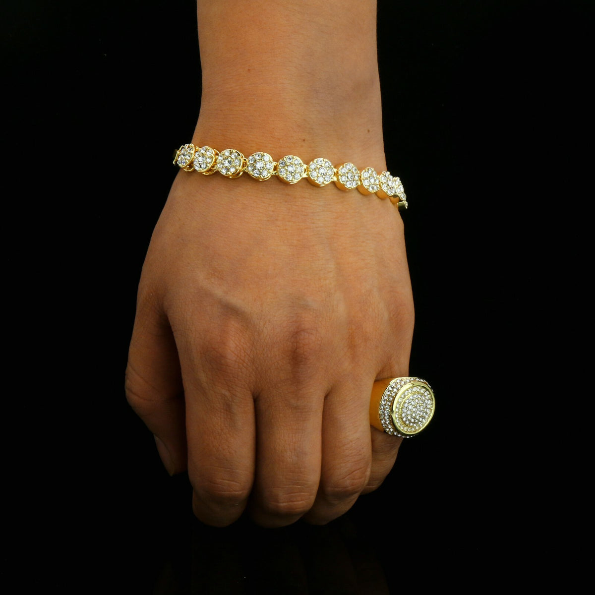 Men's Gold Iced CZ Round Flower Bracelet Round Ring