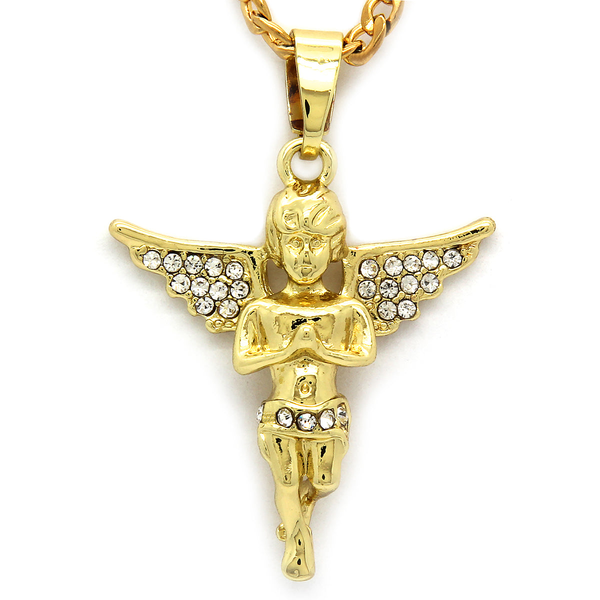 Men & Women Angel Pendant CZ Gold Steel Cuban 24"