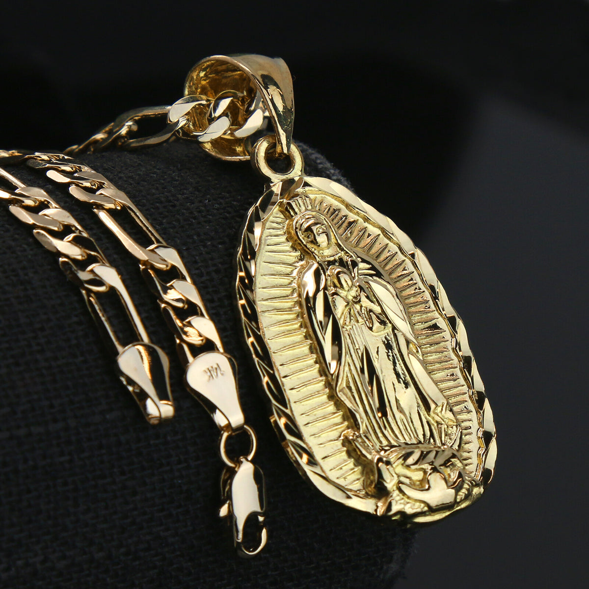 Guadalupe Width 14k Gold Charm Pendant 18" Figaro Necklace Choker Chain1.