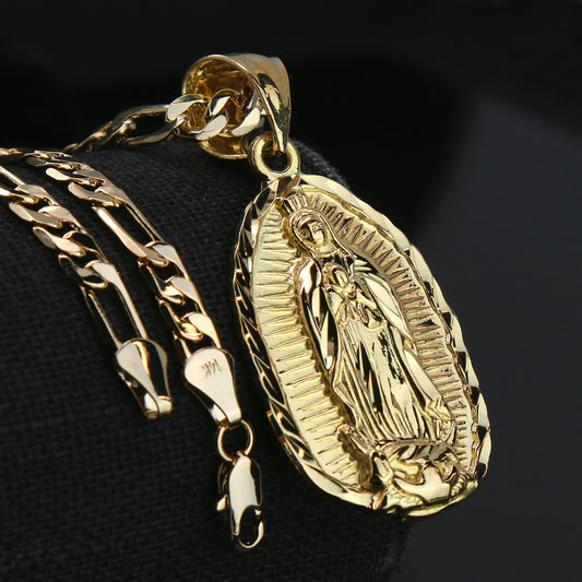 Guadalupe Width 14k Gold Charm Pendant 18" Figaro Necklace Choker Chain1.