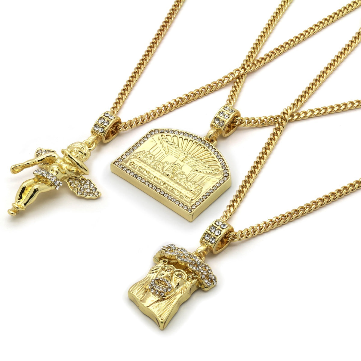 Gold Jesus Angel Last Supper Pendant CZ 24 27 30 Cuban Chain