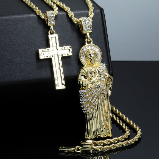 San Judas & Wavy Cross Iced CZ 14k Gold 4mm Rope Chain