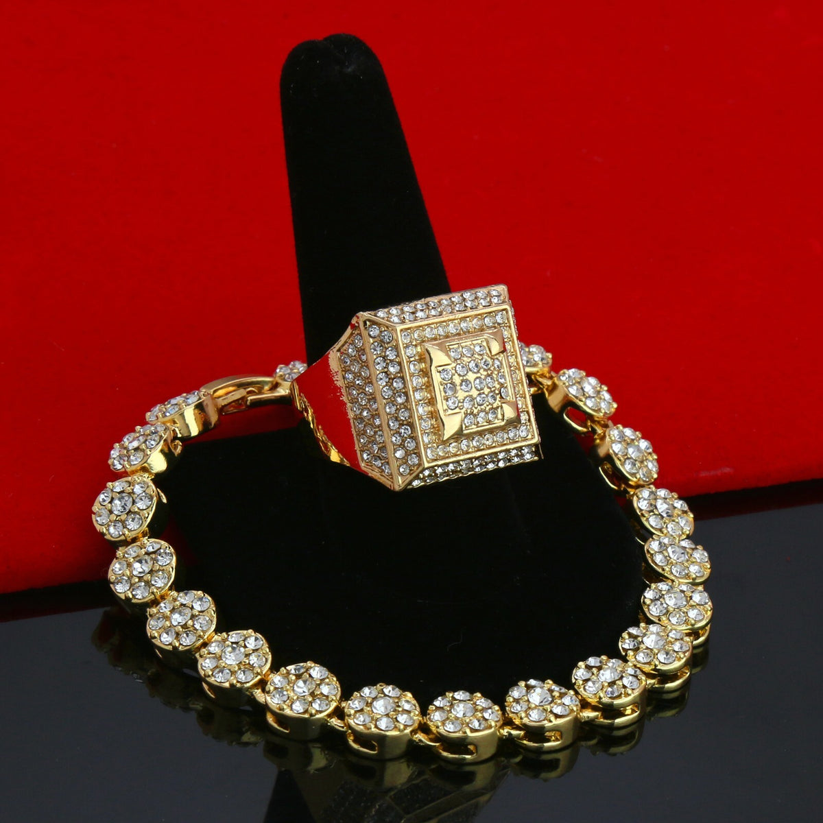 Men's Gold Iced CZ Round Flower Bracelet 3D Dome Ring