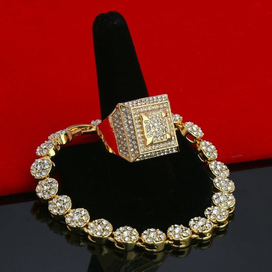 Men's Gold Iced CZ Round Flower Bracelet 3D Dome Ring