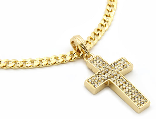 Men's 14k Gold Thick CZ Cross Pendant 24" Cuban Chain