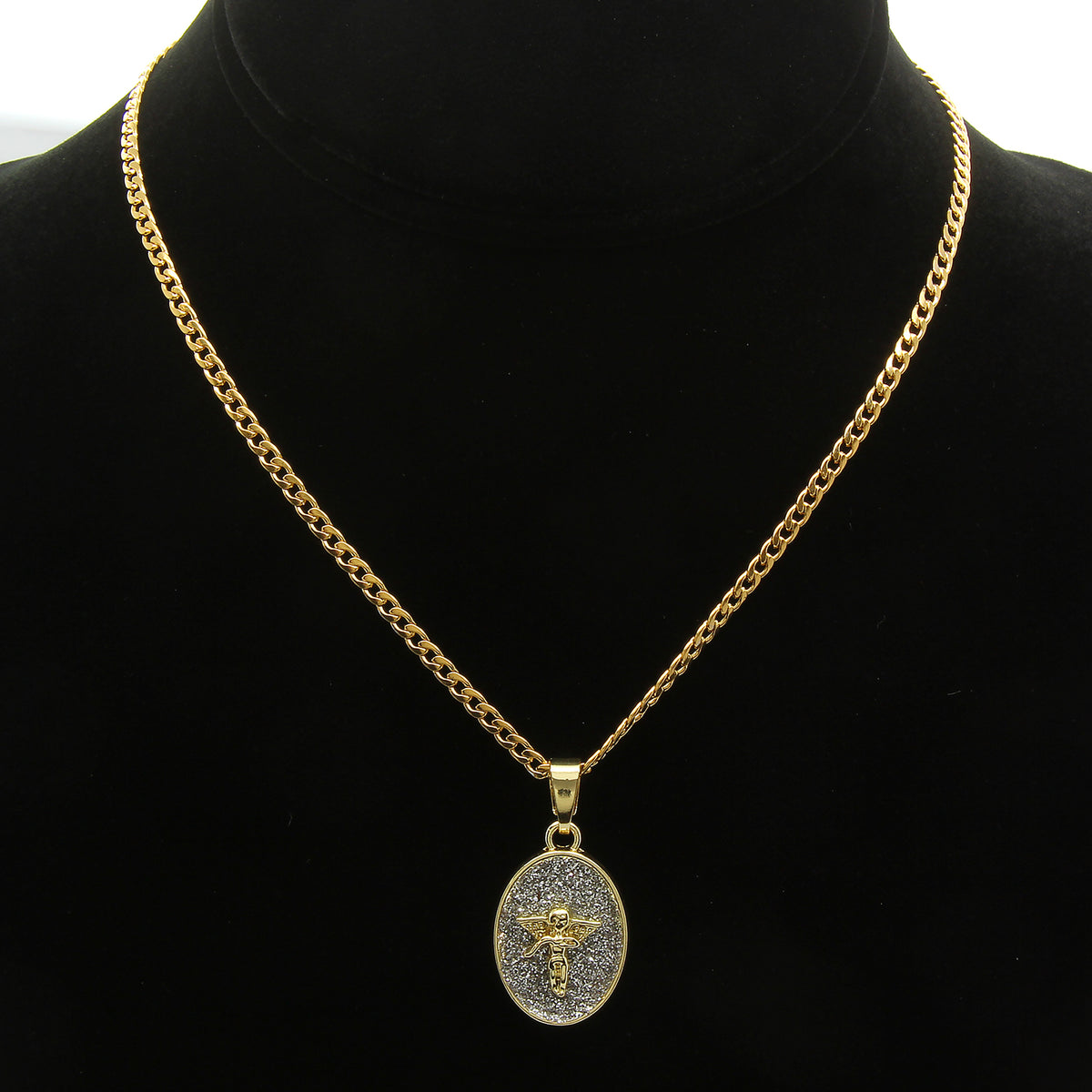 Oval Angel Iced CZ Pendant Gold Steel Cuban Chain